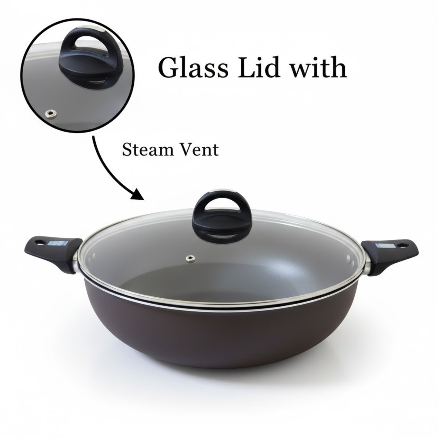 Large Non-Stick Wok Pan & Deep Kadai 34cm With Glass Lid – مقلاة ووك عميقة وغير لاصقة مقاس 34 سم مع غطاء زجاجي