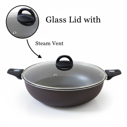 Large Non-Stick Wok Pan & Deep Kadai 34cm With Glass Lid – مقلاة ووك عميقة وغير لاصقة مقاس 34 سم مع غطاء زجاجي
