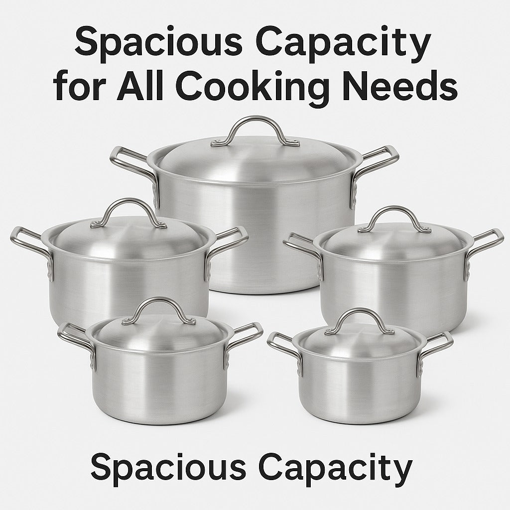 Aluminium Cookware Set – Durable Heavy-Duty Pots & Lids – طقم قدور ألومنيوم متين وعالي التحمل مع أغطية (5 قطع)