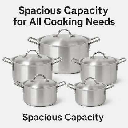 Aluminium Cookware Set – Durable Heavy-Duty Pots & Lids – طقم قدور ألومنيوم متين وعالي التحمل مع أغطية (5 قطع)