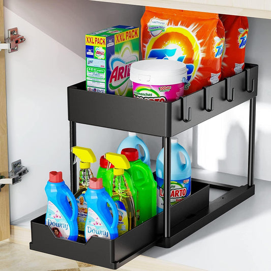 2 Tier Under Cabinet Sliding Basket Organizer, Multi-Purpose Storage Shelf for Kitchen, Bathroom, Office - Black