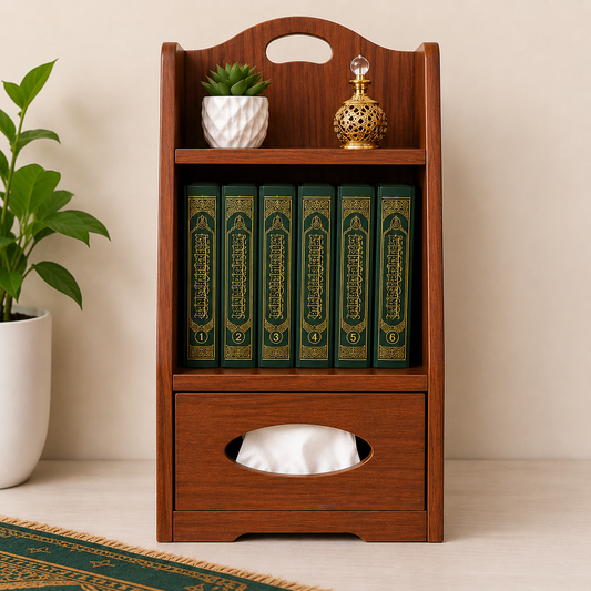 Wooden Quran Storage Rack / Tissue Box & Prayer Essentials Organizer حامل مصحف خشبي مع حامل علبة مناديل